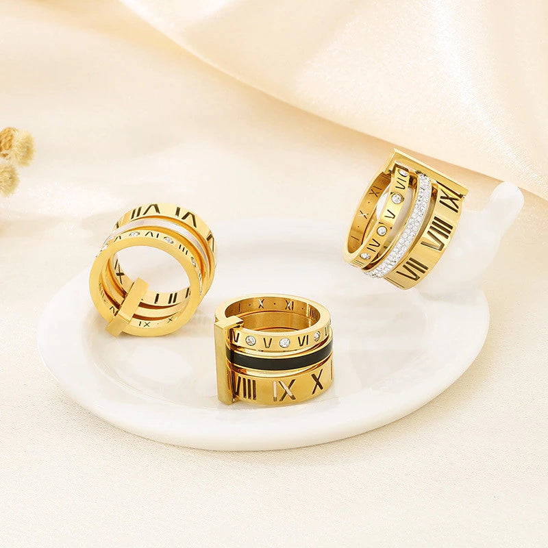 Anel Aro Triplo Algarismo Romano Banhado em Ouro 18K